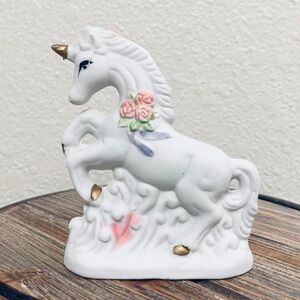 Vtg Whimsical ceramic unicorn figurine pink white floral detail fairycore